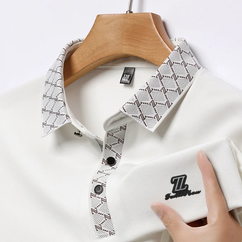 Men Short Sleeve Polo Shirt Jacquard Collar Placket Letter Print Pique Breathable Casual Business Summer Golf Polo Tops for Men