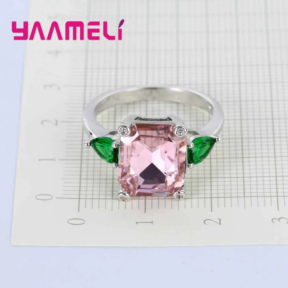 Brand Green Leaf Flower Shape Green Crystal Pink Stone Sweet Romantic Style 925 Sterling Silver Rings For Girl Gift