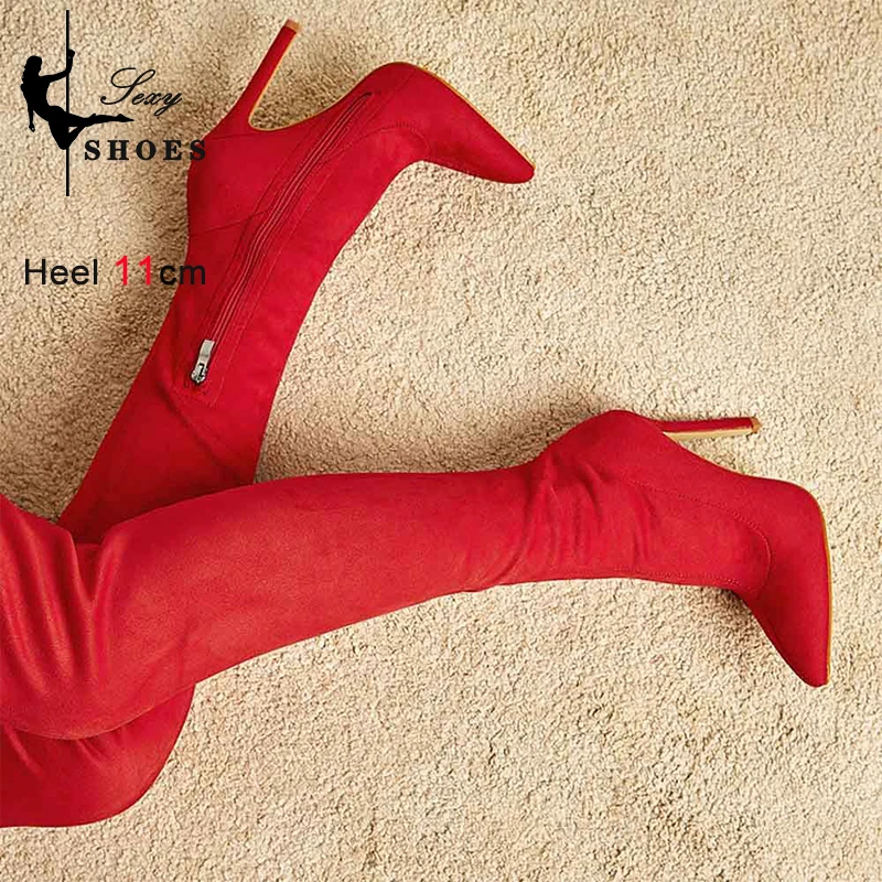 2023 Women\'s over-the-knee Boots Fashion Pointed Toe Autumn Winter Flock Thigh High Stretch Long Booties Wine Red Stiletto Heels