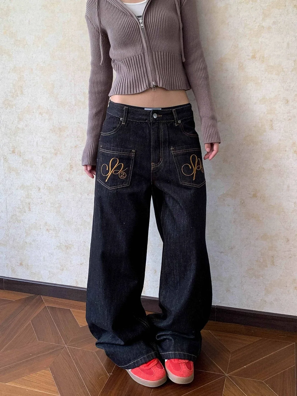 Y2K Curved Knife Jeans American Washed Embroidered Black Cow Reverse Pocket Straight Leg