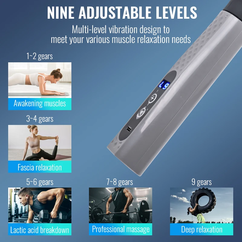 

Extended Handle Fascia Gun 9 Speeds/9 Modes Relax MuslesLong Battery Life Smart Chip Quiet Operation 4 Professional Massage Head