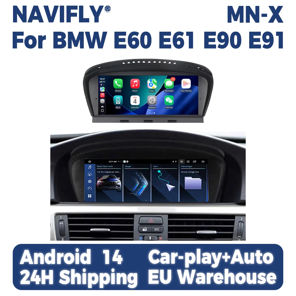 Écran d'affichage multimédia sans fil CarPlay Android Auto Navifly pour BMW E60 E61 E62 E63 E90 E91 E92 E93 GPS tout-en-un pour voiture