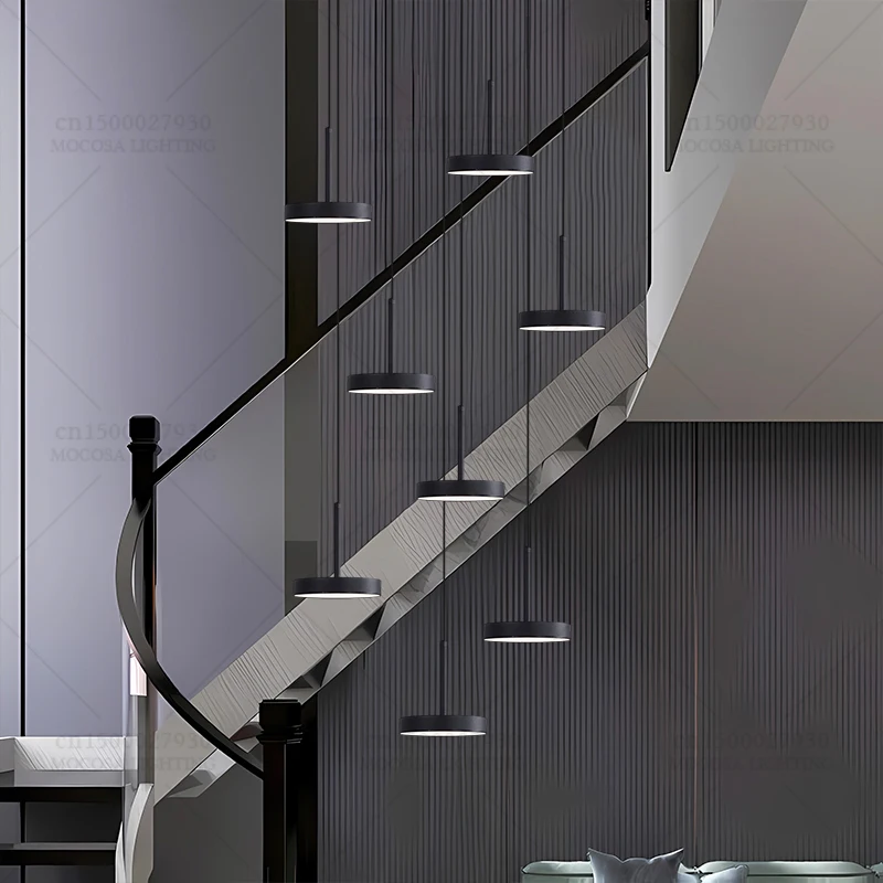 Nordic Staircase Pendant Lights Duplex Building Lighting High Ceiling Hanging Lamps Villa Stair Chandelier LED Disc-shaped Lamp