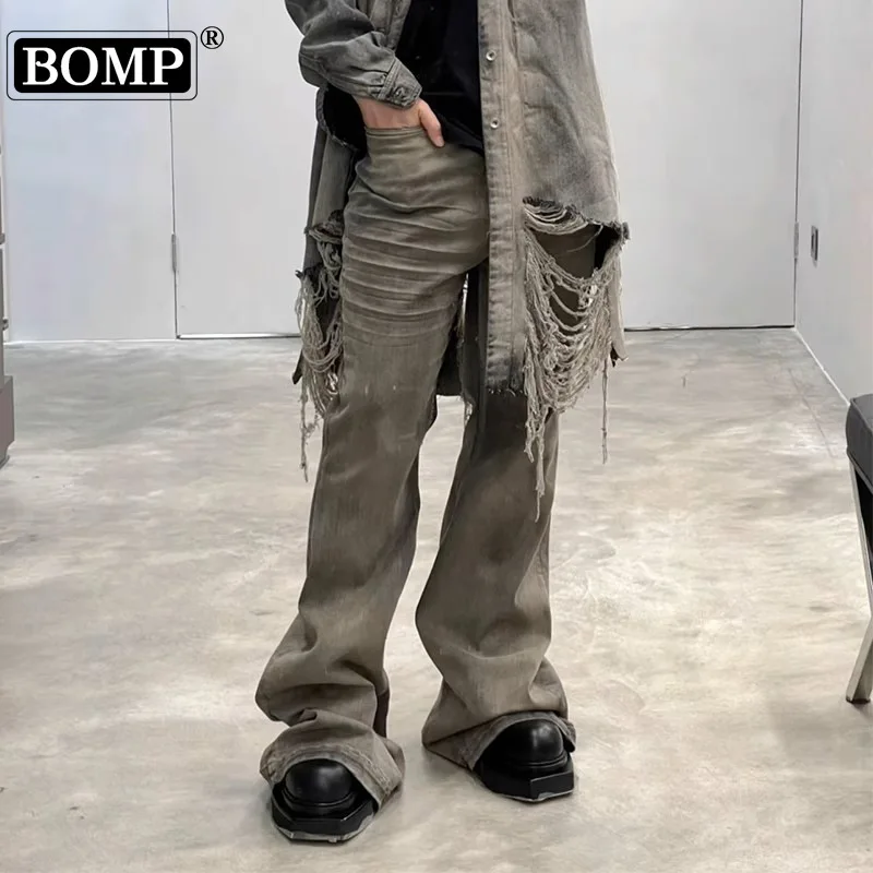 

[BOMP] 2024 Autumn Men RO Vintage Desert Color Washed Horn Wide Legs Look Wrinkled Cat Whiskers Style Denim