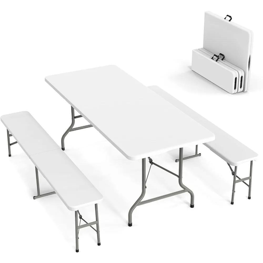 Picnic Table Set with 2 Benches, 6 Feet Camping Table Chair Set,3-Piece Folding Furniture for Indoor or Outdoor Use, White