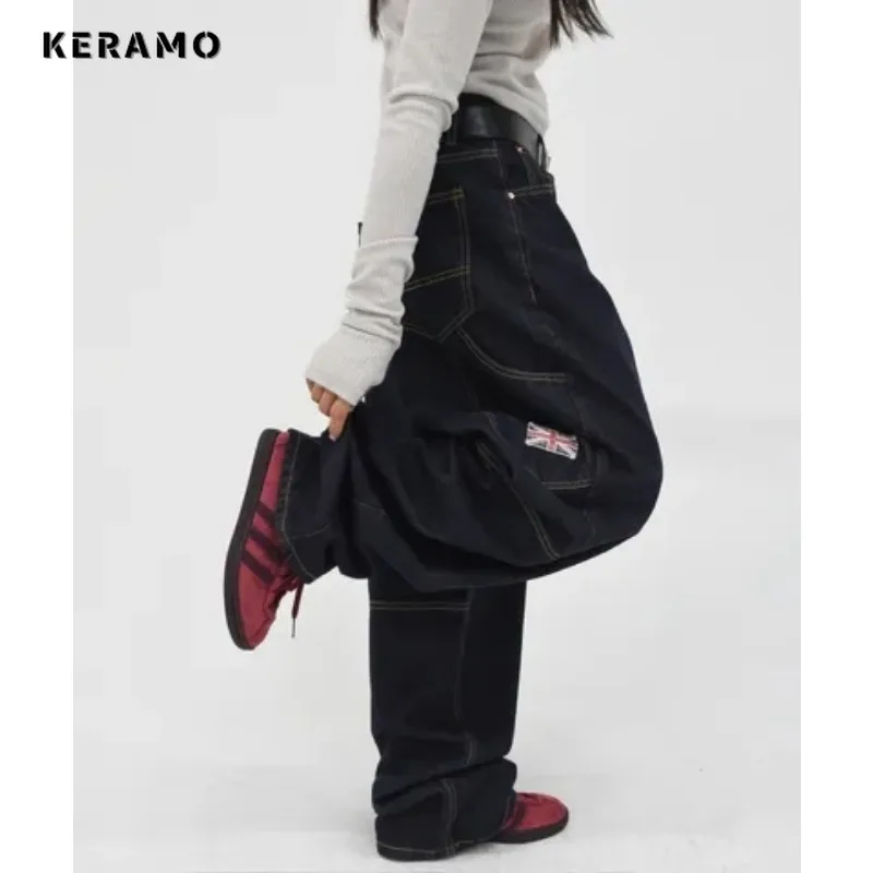 Women's Casual Retro Wide Leg Denim Trouser Harajuku Solid High Waist Loose Jeans American Vintage 2000s Baggy Emo Pants