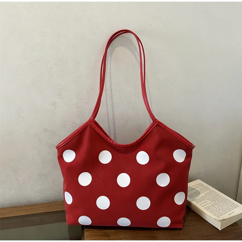 Koreanische Schultertasche mit Polka-Dot-Muster, Vintage-Kunsthandwerkliche Canvas-Tragetasche für Damen, lässige Alltagstasche mit Henkel. – Detail 20