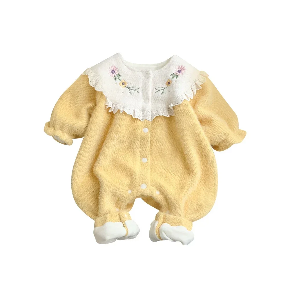 2024 Winter Infant Baby Girls Cute One-pieces Kids Ruched Embroidery Flower Thick Plush Warm Jumpsuits , Newborn Romper 0-24M