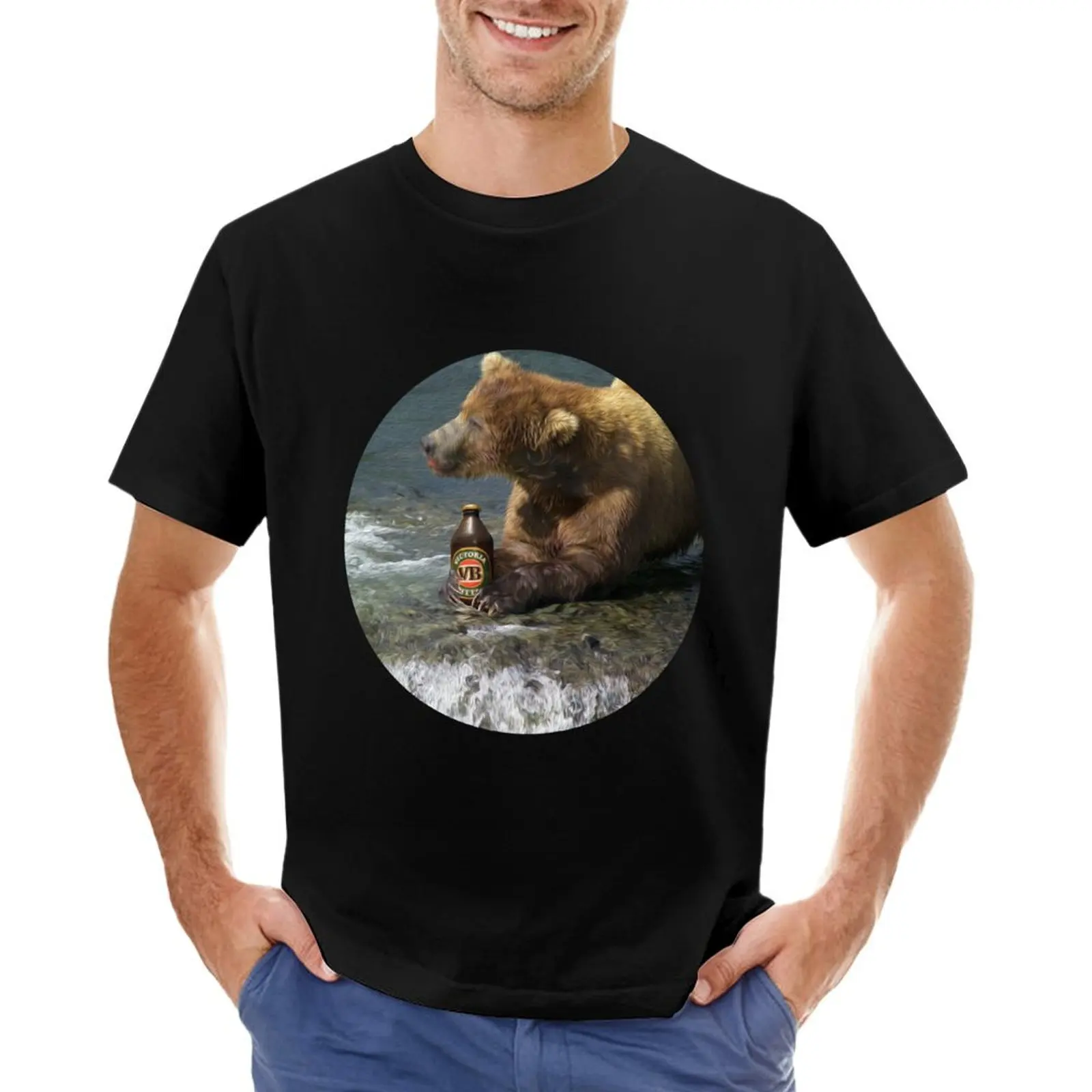 Bear catching beer in a river (Round) T-Shirt cheap stuff vintage street wear quick-drying mens funny t shirts