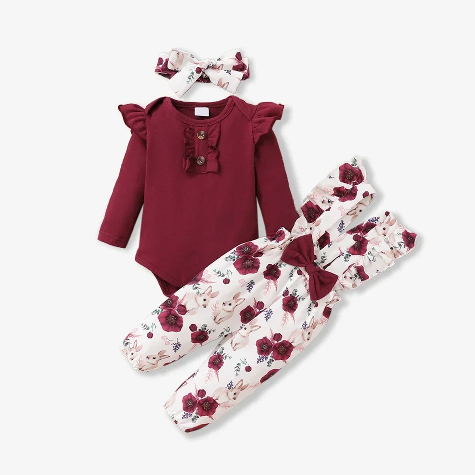 PatPat 3pcs Baby Girl 95% Cotton Long-sleeve Romper and Floral Print Ruffle Overalls with Headband Set Comfortable