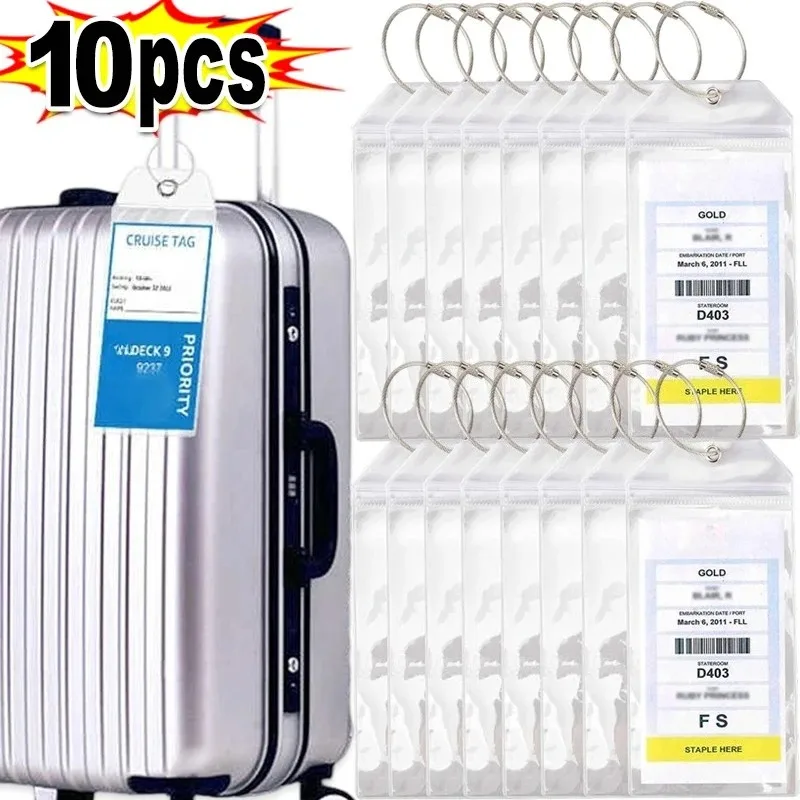 1-10pc Luggage Tags Waterproof Self Sealing Transparent PVC Plastic Accessories Stainless Steel Ring Cruise Group Traveler Label