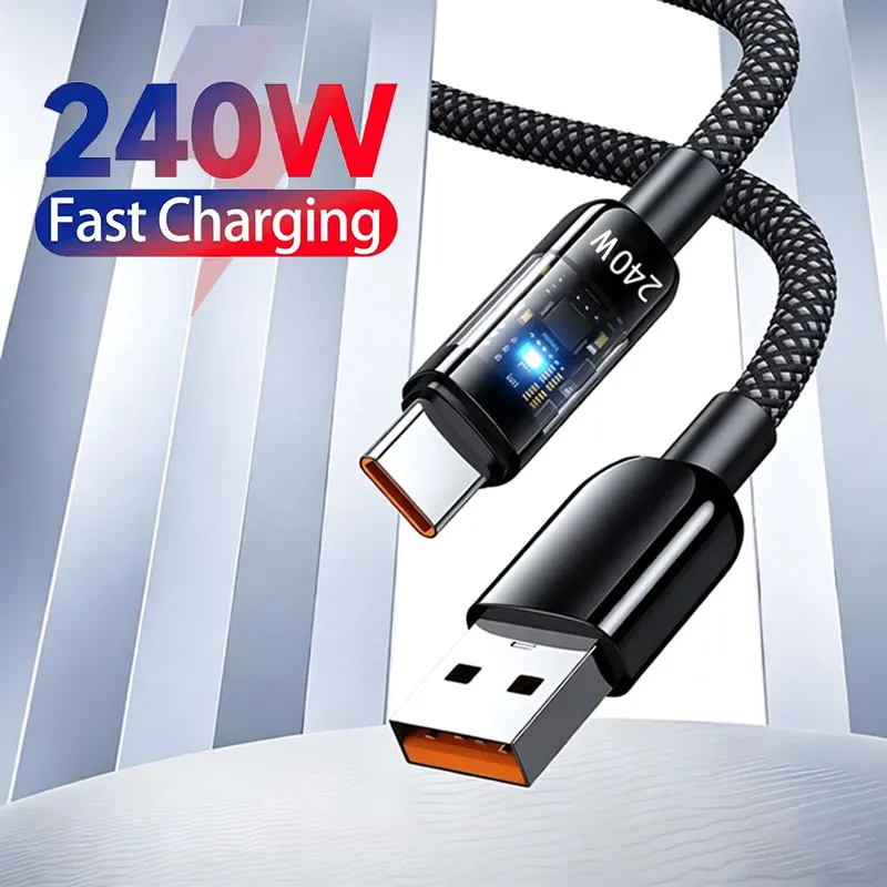 240W Nylon USB A to Type C Super Fast Charging Cable For Samsung S26 Huawei USB C to Type C For iPhone 17 16 Charger Cord