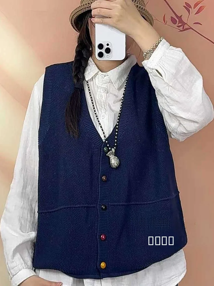 

Retro Artistic Knitted Cotton Vest Women's Loose Casual Svel Tank Top V-ne Open Cardigan Sle Commute Pure Color