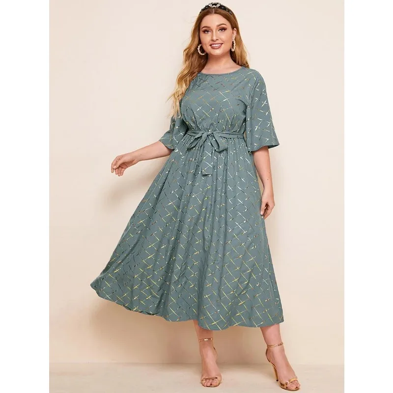 L-5XL Women Summer Clothing Plus Size Dresses Fashion Half Sleeve Round Neck Bandage Noble Elegant Casual A-line Midi Dress