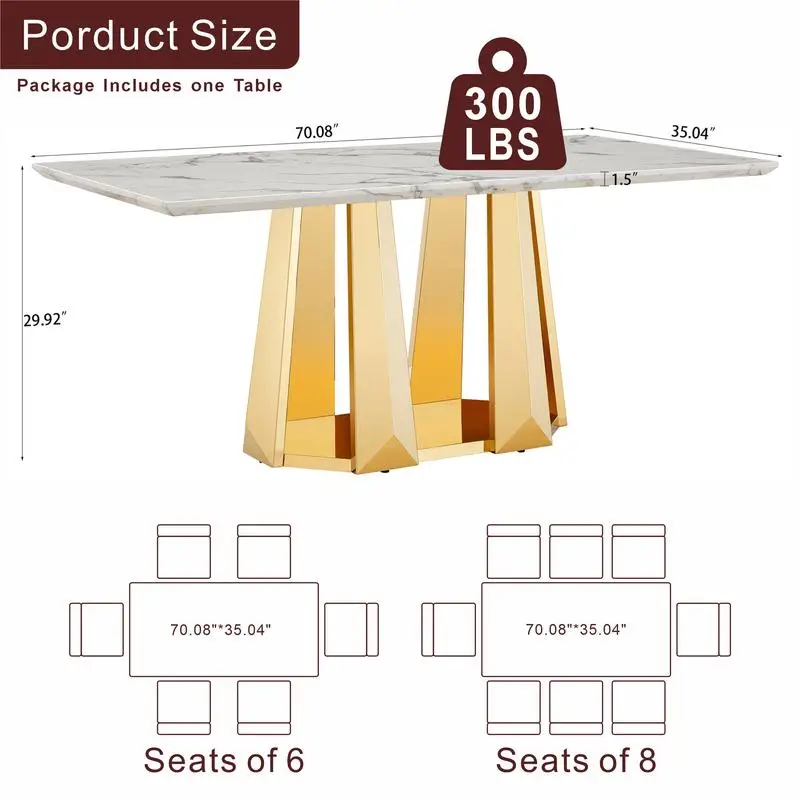 طاولة طعام مستطيلة من الرخام الصناعي لطاولة مطبخ كبيرة مقاس 6 إلى 70 بوصة مع قاعدة من الفولاذ المقاوم للصدأ، تصميم حديث باللون الذهبي والأبيض