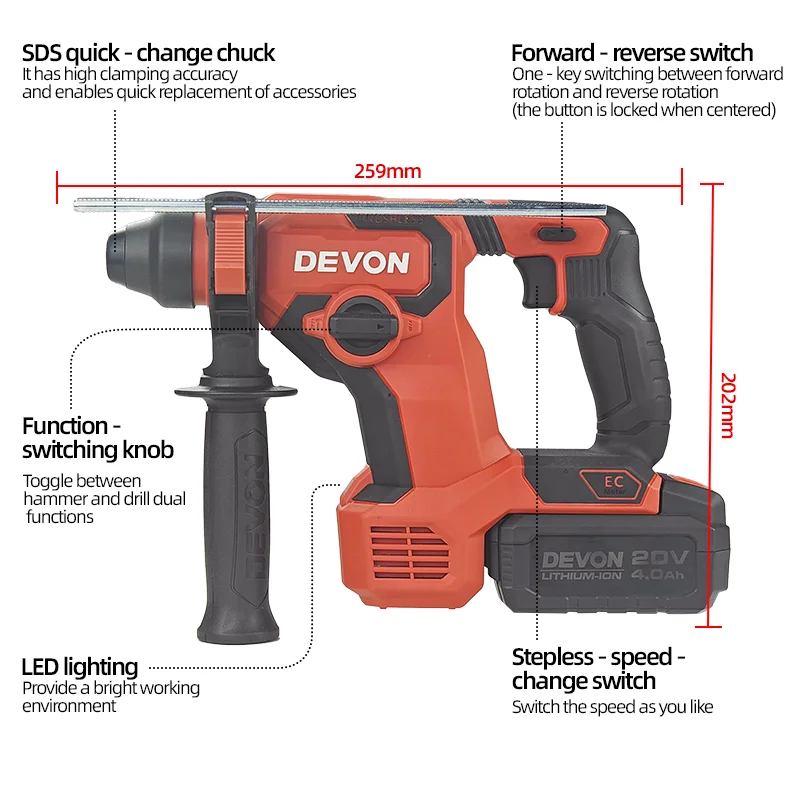 Devon 5408-Li-20V 6-12mm Lithium Brushless Multifunctional Rotary Hammer Cordless Impact Hammer Power Tools For 20V Battery