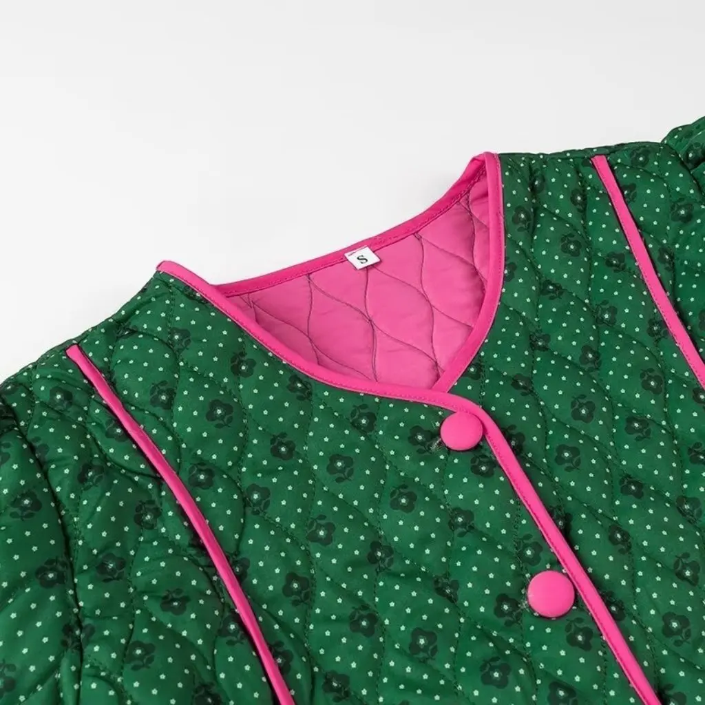 

Green Bow Cherry Blossom Cotton Coat for Women Loose Fit Export European And American Style New Arrivals 2157