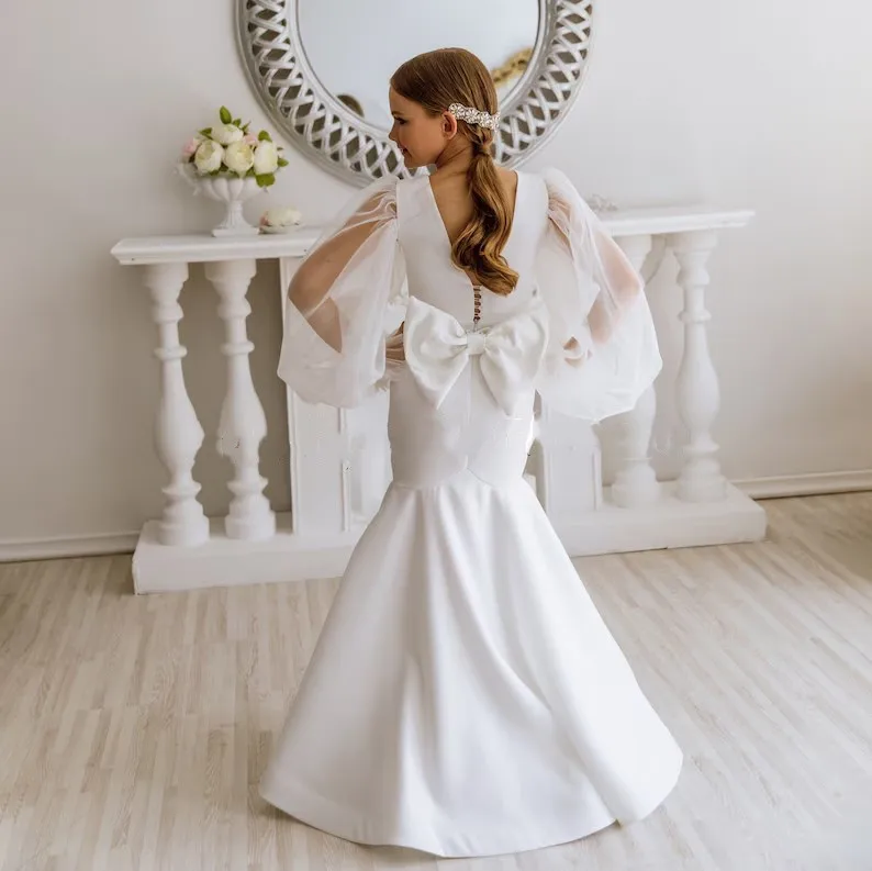 인어 꽃 소녀 드레스 푹신한 얇은 명주 그물 긴 소매 여자를위한 공식 파티 새틴 가운 아기 소녀 드레스