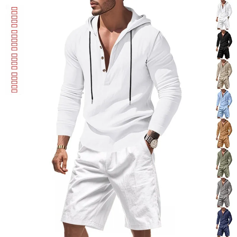 

Loose Linen Men's Summer Casual Fashion Beachwear Long Sleeve Shorts Set with Hat Henry Style Shirt And Shorts for Men