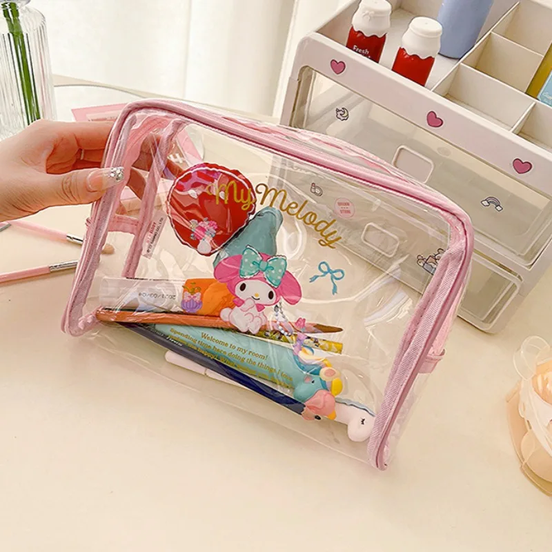 Sanrio Transparent Pencil Case Kawaii Anime Hello Kitty Kuromi Melody Waterproof Makeup Bag Cute Cartoon Travel Toiletry Bags