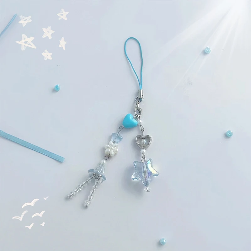 Blue Stars Phone Chain Clouds Raindrop Pendant Sweet Earphone Case Hanging Rope Anti-Lost Lanyard Bag Decor