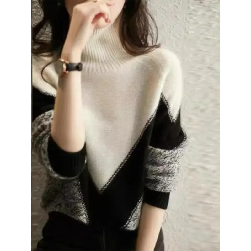 Sweater Turtleneck hangat wanita, Atasan musim dingin Pullover komuter elegan longgar kasual Retro warna kontras jumper N147