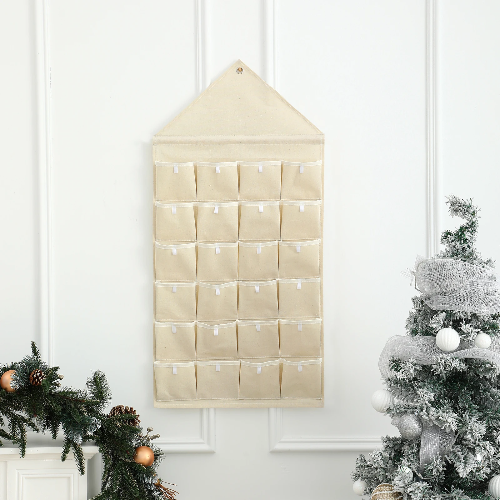 Calendario de Adviento de Navidad de tela con cuenta regresiva en el techo, bolsillo de 24 días con calendario de borde blanco, decoración para colgar en la pared