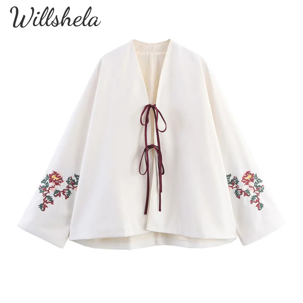 

Willshela Women Fashion Embroidery White Linen Shirt with Bowknot Long Sleeves V-Neck Female Chic Lady Casual Vintage Blouse