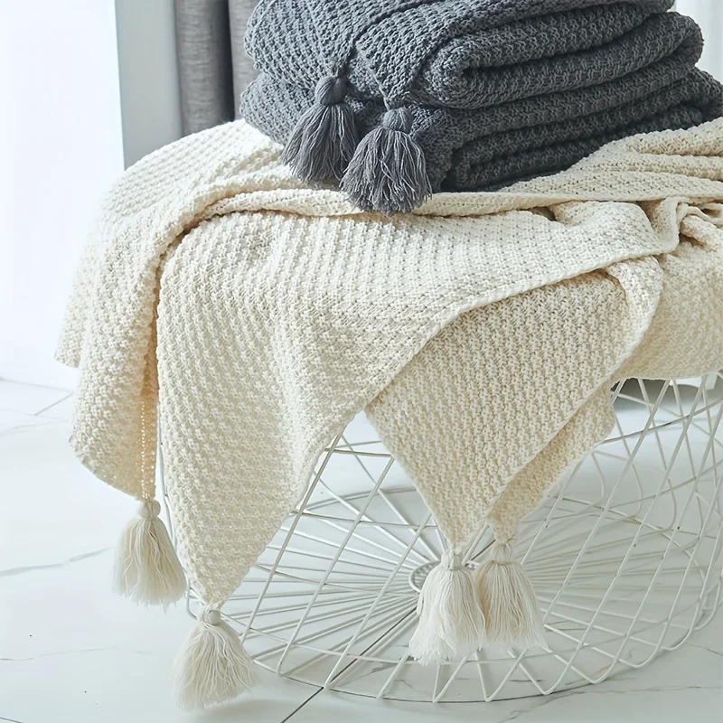 Boho Knitted Throw Blanket Decorative Tassel Fringes Soft Cozy Bedspread Sofa Cover Blanket for Home Living Room Decor Gift