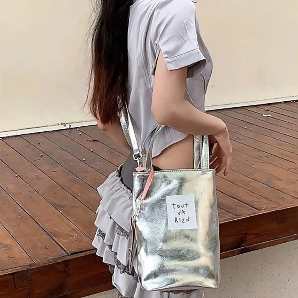 Y2K Handbag Lightweight Korean Style Silver Bucket Bag PU Crossbody Bag Women