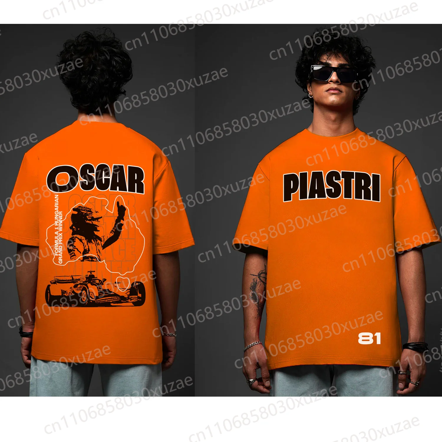 Oscar Piastri 81 Racing Fan T-Shirt Ungarischer Grand-Prix-Sieger Grafik-T-Shirt Papaya-Orange Übergroßes Herren Casual Streetwear T-Shirt