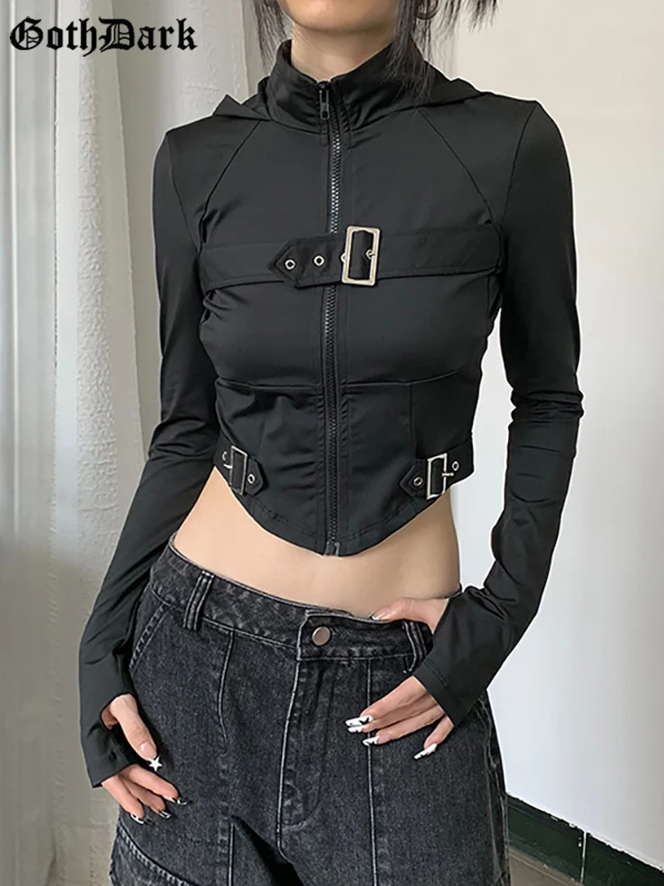 

Gotrh Dark Techwear Fashion Cyber Gothic T-shirts Grunge Hooded Bodycon Zip Up Blouses Y2k Punk Black Streetwear Crop Tops Women