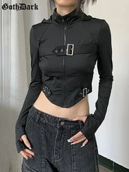 Gotrh Dark Techwear Fashion Cyber Gothic T-shirts Grunge Hooded Bodycon Zip Up Blouses Y2k Punk Black Streetwear Crop Tops Women