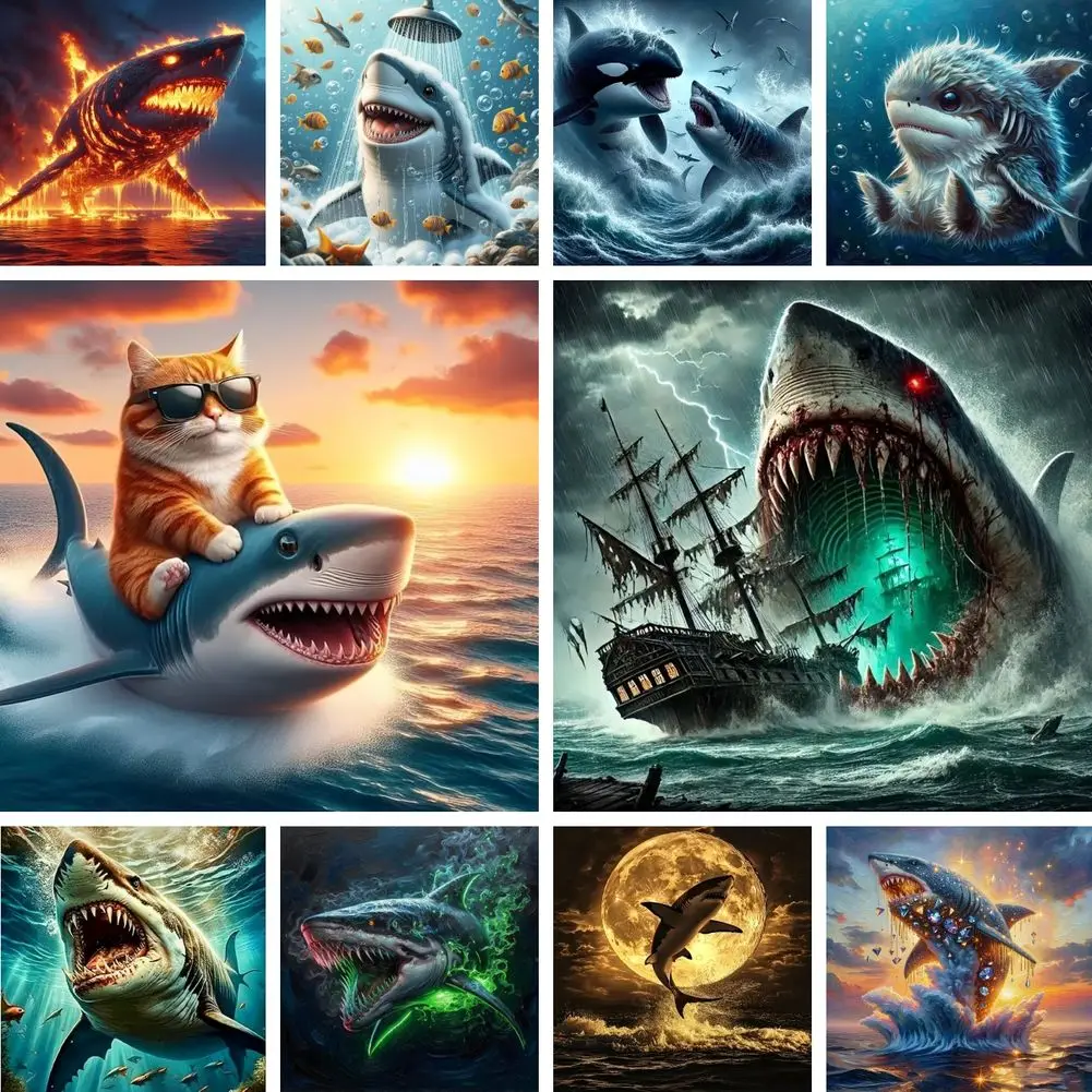 DIY Diamond Craft Painting Cat Riding Shark Giant Monster Ocean Full Square Drill Cross Stitch Hobby Kit Rhinestone Mosaic