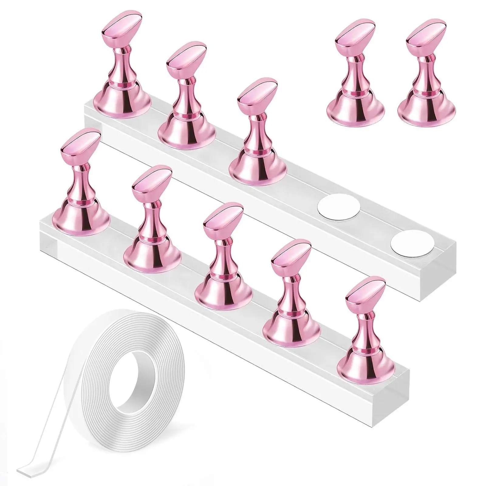 2 Boxes Nail Display Stand in Rose Manicure Pink with 3m Transparent Double-Sided Tape | Nail Practice Holder Base with Diamond