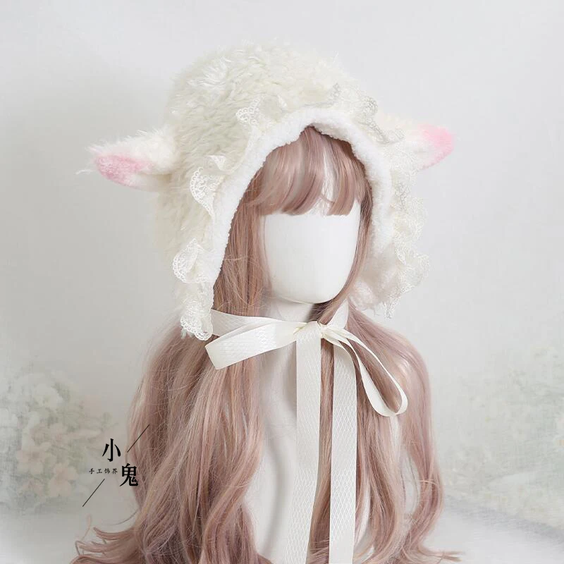 

Original Japanese Cute Lace Ushanka Lolita Sheep Ears Earmuffs Hat All-Match Plush Winter Warm Hat