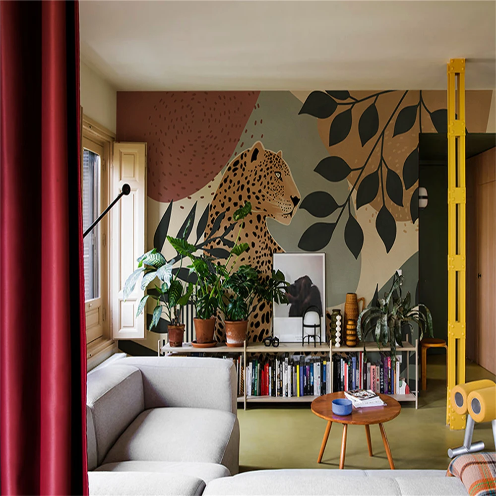 Custom 3d minimalist green plant leopar wallpaper mural new European retro modern wallpapers background Paper Papel De Parede 3D