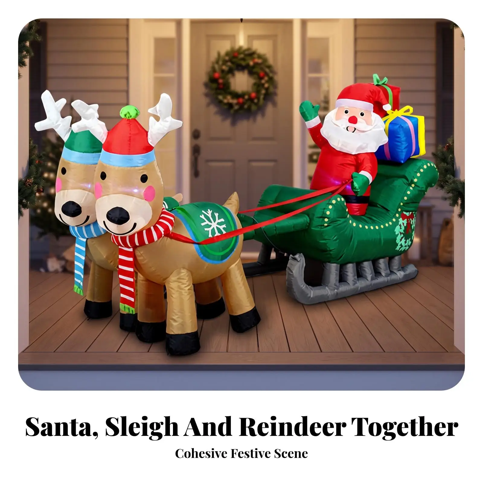 Giant Inflatable Christmas Santa Sleigh Reindeer Outdoor Decoration for Yard Lawn Holiday Cheer with Power Adapter
