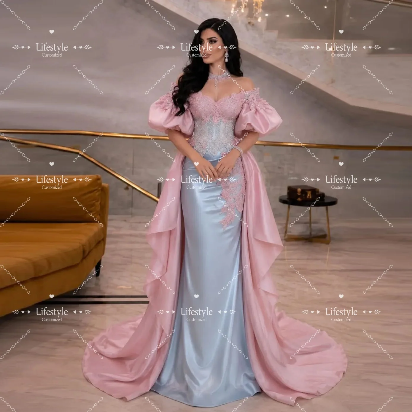 

Customized Off-the-Shoulder Pink Light Blue Evening Dress with Puff Sleeves Lace Appliques Overskirt Elegant Formal Party Dress