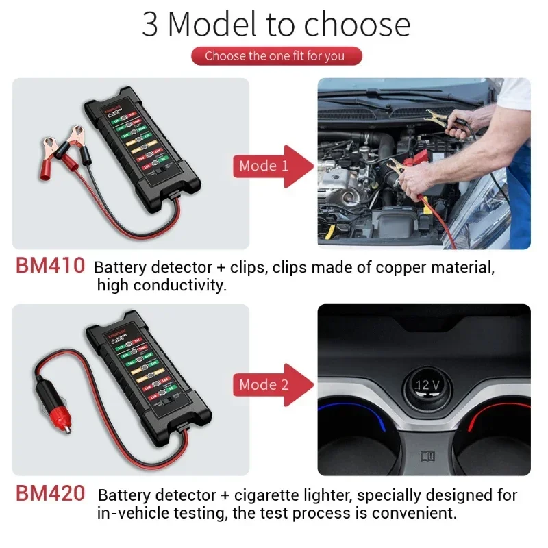 Tester batteria per Auto 12V/24V BM410 analizzatore di capacità con 7 luci a LED Display strumento diagnostico per Auto analizzatore Tester batteria