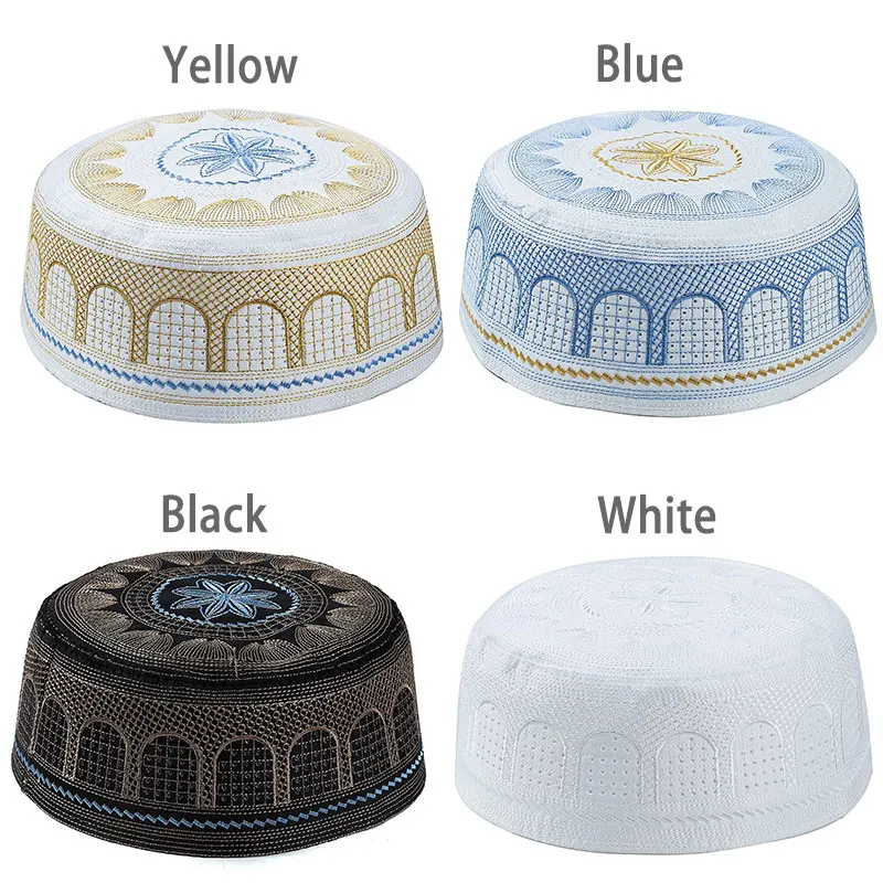 

1Pc Embroidery Musliman Turban Muslim Hats Islam Jewish Cotton Arab Men Prayer Hat Man Hijab Bonnet India Caps Saudi Arabian