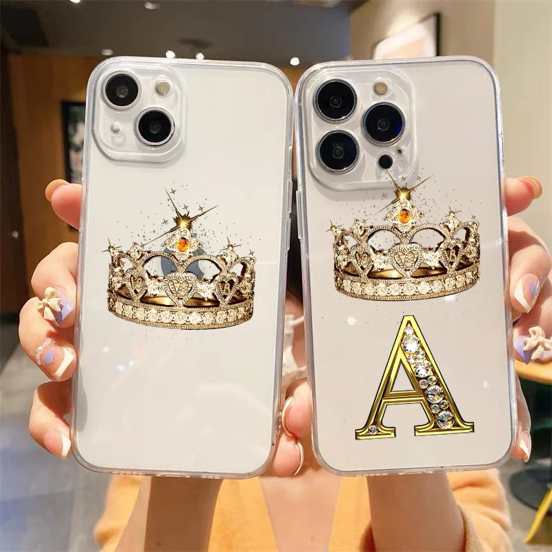 For iPhone 15 16 14 13 12 mini 11 Pro Max XS X XR SE 7 8 Plus Silicone Clear Cover Diamond Crown Letter 26 Letters Phone Case