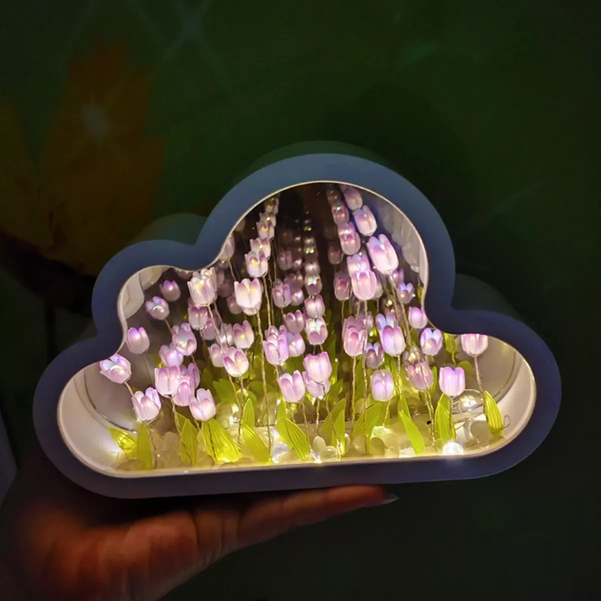 Handmade DIY Cloud Tulip Mirror Small Night Light Touch Switch Bedside Lamp for Dorm Living Room Desktop Decor Birthday Gift