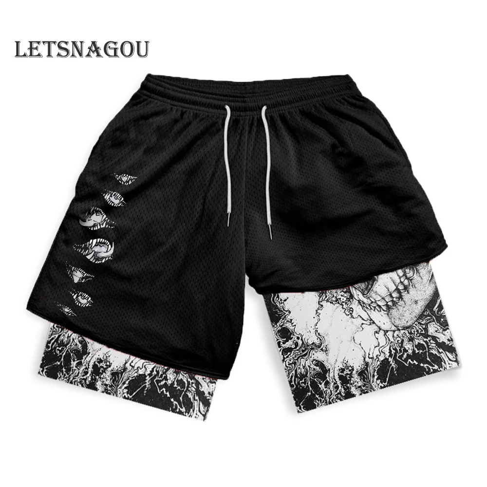 Men's Compression Shorts Anime Print Double Layer 2-in-1 Performance Shorts Breathable Quick-Drying Elastic Workout Shorts