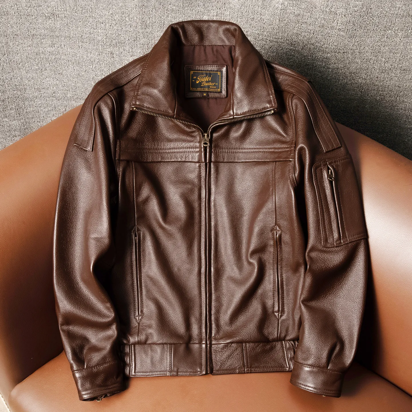 

Type 02 flight suit men's first layer of cowhide, genuine leather men's large size real unpainted sky bomber jacket