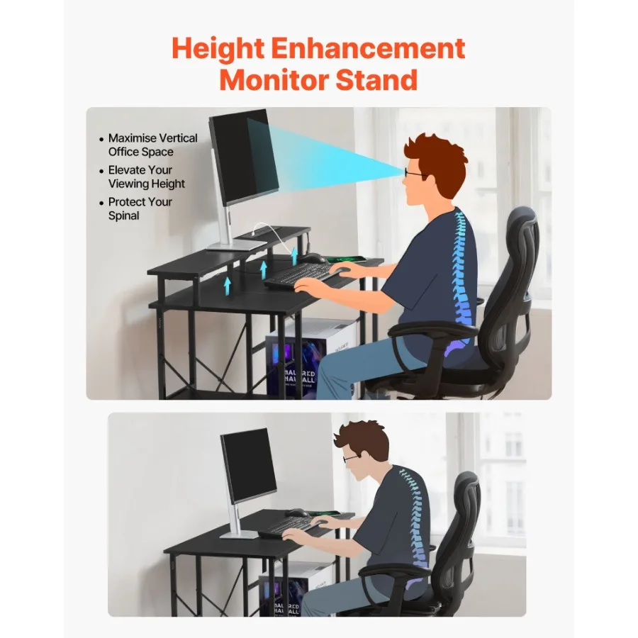 مكتب ألعاب VEVOR مقاس 47 بوصة مزود بمصابيح LED ومنافذ طاقة ومكتب كمبيوتر مع حامل شاشة وتخزين من طبقتين أعمال الدراسة f #5