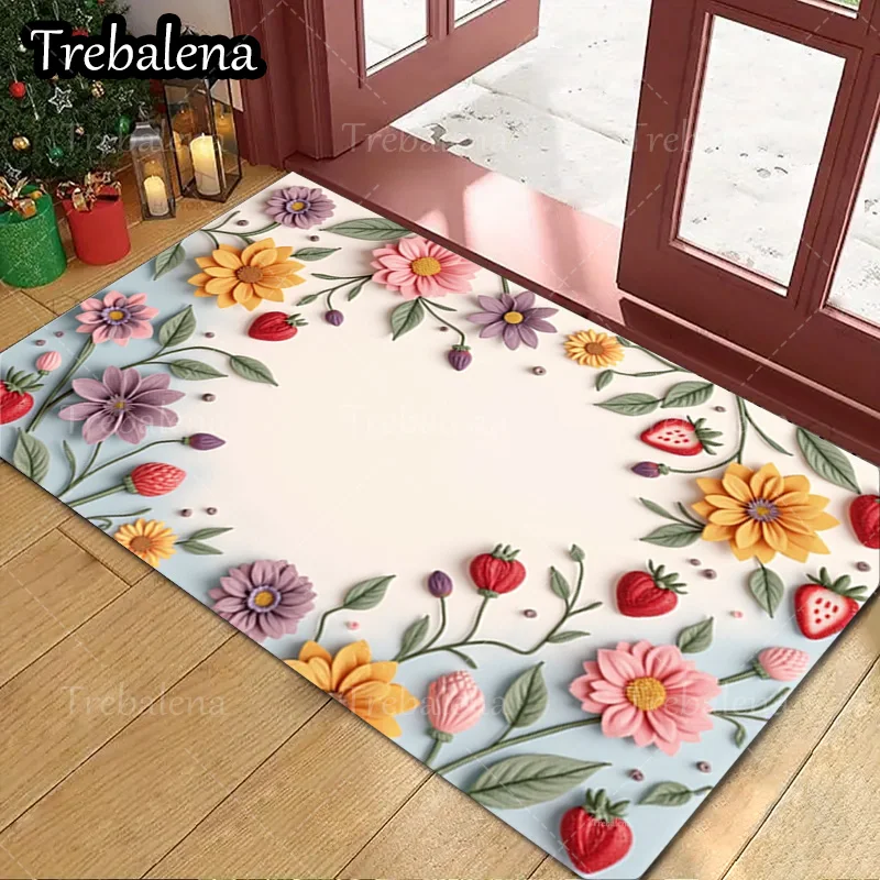 

1pc Welcome Door Mat Floral Strawberry Border Doormat Welcome Mat for Home Decor