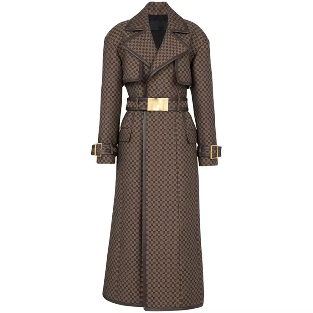 

Luxury 2024 Celebrity Fashion Belted Long Trench Coat - Jacquard Maze Pattern Printed Jacket for Women