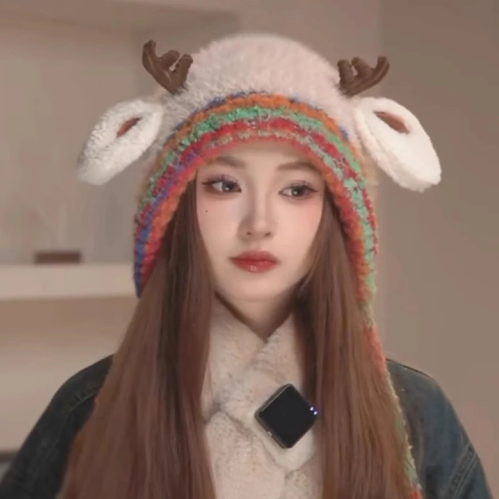 قبعة عيد الميلاد من القطيفة على شكل قرون عيد الميلاد، قبعة محبوكة سميكة لطيفة مع حماية للأذن، تحافظ على الدفء في الخريف والشتاء، غطاء أذن دافئ #4