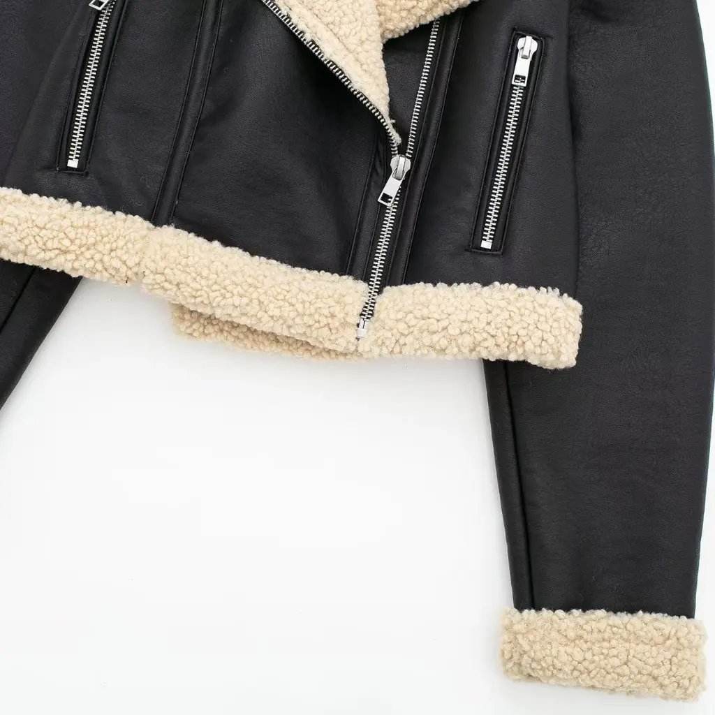 

Double-Sided Fleece Faux Leather Jacket American Street Style Loose Casual Motorcycle Coat for Autumn Winter Women